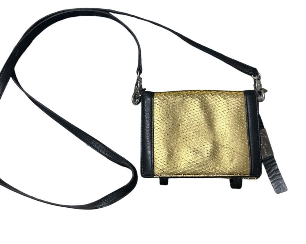 FOLEY & CORINNA BLACK GOLD LEATHER SMALL CROSSBODY BAG WALLET PURSE 4.5X5.5